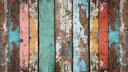 Wall Mural - Old wooden planks with various colored cracked paint on background