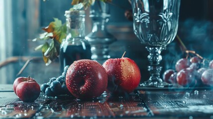 Wall Mural - Fresh Apples and Grapes with Water Drops