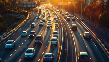 Poster - Vibrant traffic on a highway filled with cars and trucks creating a bustling scene