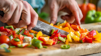 Close Up Detail of Hand chopping vegetable for preparing stir fry cook