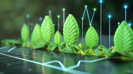 Leaves on economic graphs representing green investment, ecofriendly finance, sustainability