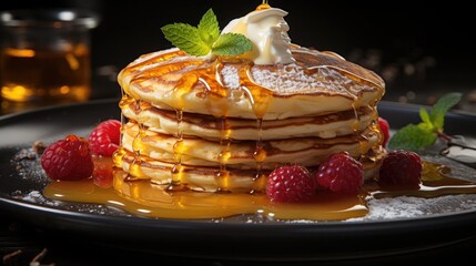 Wall Mural - Close-Up of pile of pancakes with melted sweet syrup and fruit toppings with a blurred background