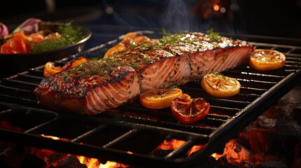 Wall Mural - Delicious grilled salmon with vegetable topping, black and blurred background