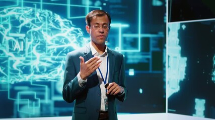 Poster - Smiling public speaker hosting AI convention gathering tech startups managers and academics. IT expert moderating symposium, teaching industry workers how to tap into artificial intelligence, camera A