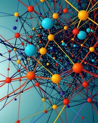 Abstract colorful spheres connected by a network of lines.