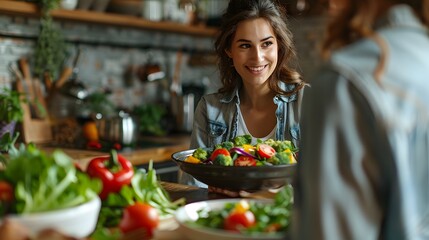 woman eating salad in the kitchen