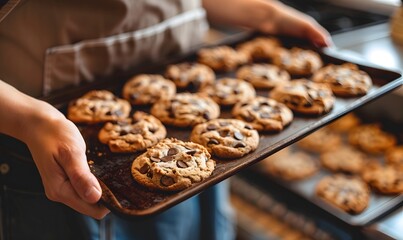 Hands holding a baking sheet with freshly baked cookies, Generative AI