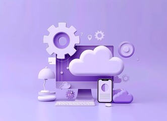 Fototapete - Cloud storage 3d vector icon, computer monitor with gear and up arrow on screen, phone and tablet icons around, white clouds on background, purple color scheme