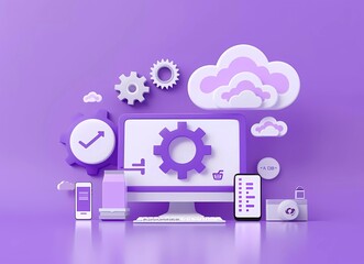Fototapete - Cloud storage 3d vector icon, computer monitor with gear and up arrow on screen, phone and tablet icons around, white clouds on background, purple color scheme