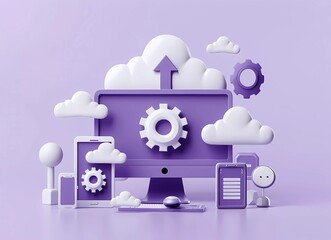 Poster - Cloud storage 3d vector icon, computer monitor with gear and up arrow on screen, phone and tablet icons around, white clouds on background, purple color scheme