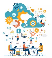 Poster - Flat vector illustration of people working together in front of the clouds, with simple lines and flat colors on a white background.