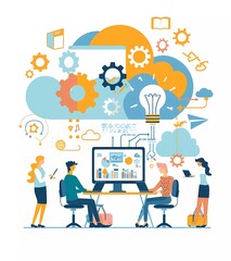Poster - Flat vector illustration of people working together in front of the clouds, with simple lines and flat colors on a white background.