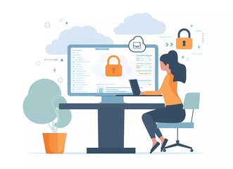 Fototapete - Flat vector illustration of an online security concept, woman sitting in front of computer with cloud and lock symbol on screen, data protection, white background, simple design, high resolution.