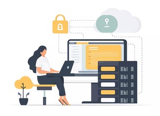Poster - Flat vector illustration of an online security concept, woman sitting in front of computer with cloud and lock symbol on screen, data protection, white background, simple design, high resolution.