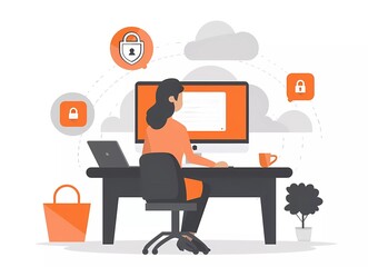 Poster - Flat vector illustration of an online security concept, woman sitting in front of computer with cloud and lock symbol on screen, data protection, white background, simple design, high resolution.