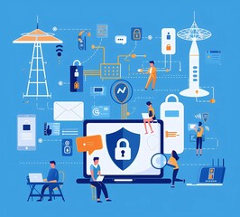 Poster - flat vector illustration of security and data protection, people working on laptops with a shield sy