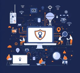 Poster - flat vector illustration of security and data protection, people working on laptops with a shield sy
