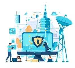 Poster - flat vector illustration of security and data protection, people working on laptops with a shield sy