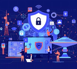 Poster - flat vector illustration of security and data protection, people working on laptops with a shield sy