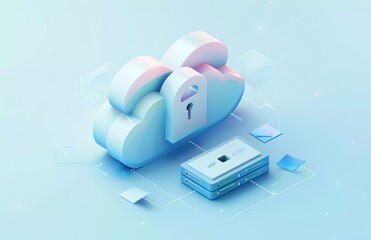 Fototapete - isometric illustration of a cloud with a padlock and a server, on a light blue background,