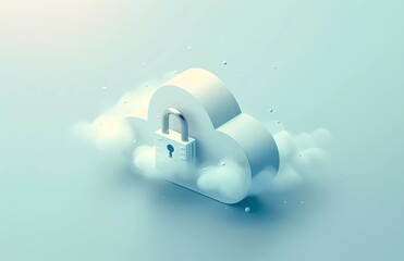 Poster - isometric illustration of a cloud with a padlock and a server, on a light blue background,