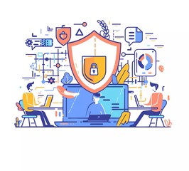 Poster - vector illustration of a flat design concept with people working on laptops and a shield symbol, alo