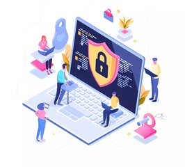Poster - vector illustration of a flat design concept with people working on laptops and a shield symbol, alo