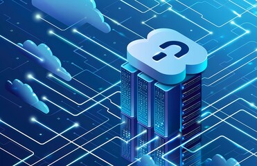 Poster - vector illustration of cloud storage security, isometric design, light blue and dark grey gradient background with white space in the middle, futuristic style, detailed illustration, high resolution