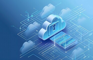 Poster - vector illustration of cloud storage security, isometric design, light blue and dark grey gradient background with white space in the middle, futuristic style, detailed illustration, high resolution