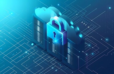 Poster - vector illustration of cloud storage security, isometric design, light blue and dark grey gradient background with white space in the middle, futuristic style, detailed illustration, high resolution