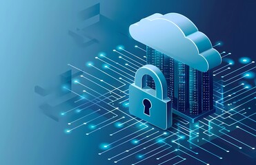 Poster - vector illustration of cloud storage security, isometric design, light blue and dark grey gradient background with white space in the middle, futuristic style, detailed illustration, high resolution