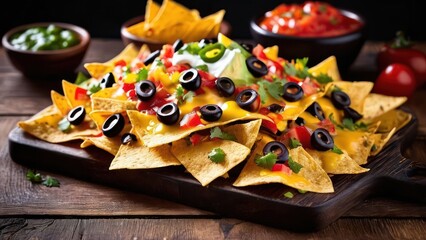 Canvas Print - Minimalist Fiesta Platter, A Vibrant Selection of Tortilla Chips with Fajita Beef, Jalapenos, and Cheese, Artfully Arranged on a Wooden Board, Garnished with Salsa and Sour Cream