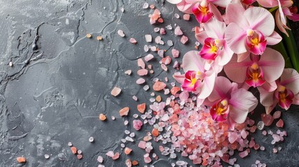 Canvas Print - Pink sea salt and orchid flowers on a grey background Beauty and wellness concept with space for text Top view