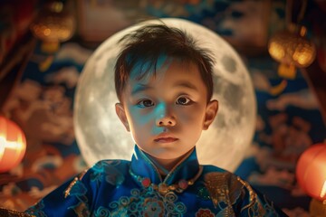 Poster - Captivating young child dressed in traditional attire, illuminated by moonlight and warm lantern glow