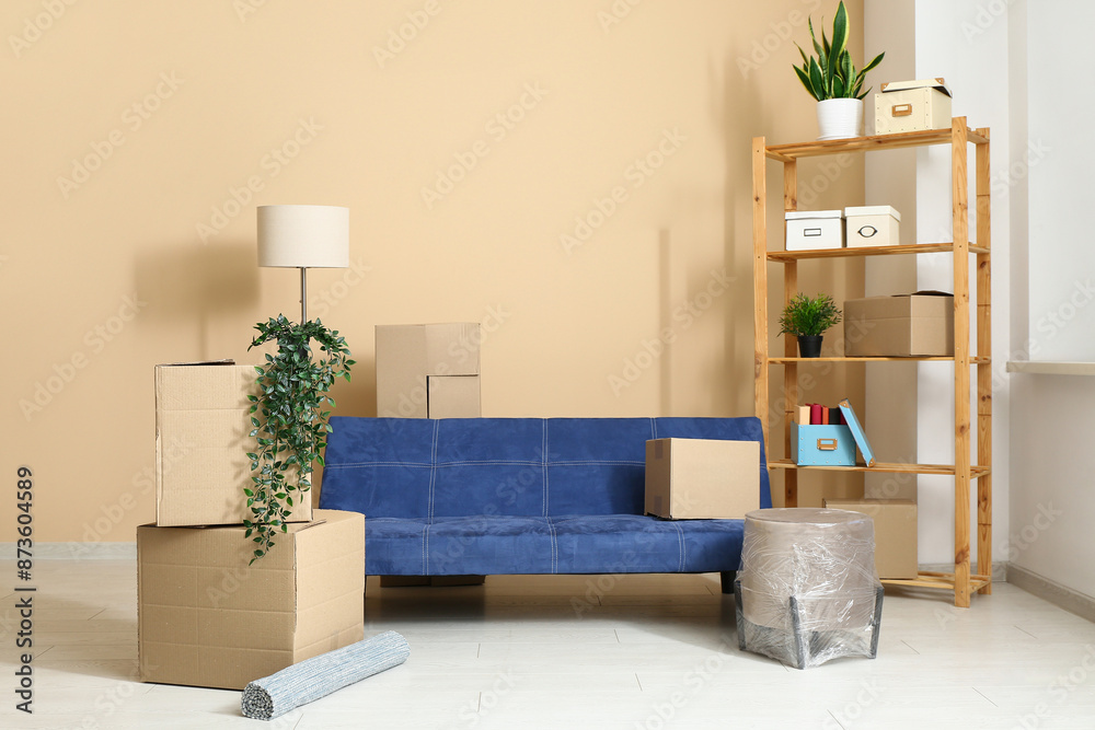 Cardboard boxes with couch and shelf unit in living room on moving day