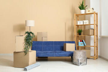 Wall Mural - Cardboard boxes with couch and shelf unit in living room on moving day