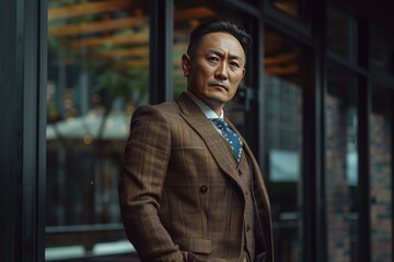 Poster - Portrait of a serious businessman standing confidently in a stylish brown suit