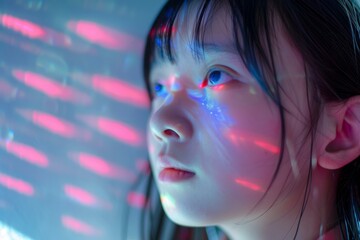 Poster - Closeup of a child's face illuminated by vibrant neon light patterns, evoking wonder