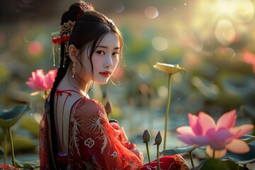 Poster - Serene beauty in a red traditional outfit posing with lotus flowers at golden hour