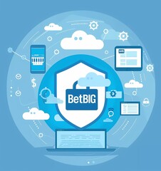 Poster - flat design vector illustration of data protection with file, shield and padlock icons on blue backg