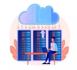 Poster - flat illustration of a man sitting on a bench with a laptop, a large stack of data center servers in