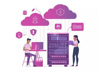 Poster - Flat vector illustration of a man and woman working on a laptop near a cloud server with security icons, on a white background