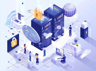 Poster - flat vector illustration of people working on cloud server with documents, globe and keys in isometric view,