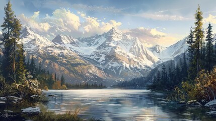 Paint a majestic view of a snow-capped mountain range, with crisp, clear air and a sense of awe-inspiring natural beauty in your oil painting.