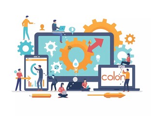 Poster - Flat vector illustration of people in front of a computer and phone with loading progress bars on the screens, gears around them and in the style of various artists