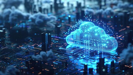Poster - A cloud technology with isometric icons on circuit board. Technology using cloud computing on a cityscape background. Abstract futuristic digital network connection. Internet of things or data center 