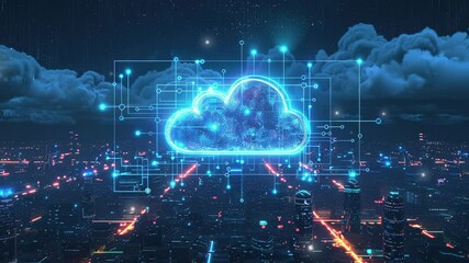 Poster - A cloud technology with isometric icons on circuit board. Technology using cloud computing on a cityscape background. Abstract futuristic digital network connection. Internet of things or data center 