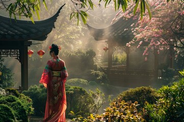 Sticker - Woman in a vibrant kimono admires a lush garden with cherry blossoms and a classic pavilion