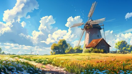 Captivating summer scenery with a traditional windmill in a picturesque rural landscape