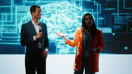 Poster - Presenter and specialist guest talking at AI summit bringing together tech startups professionals, exploring latest developments in artificial intelligence and deep learning technology, camera A